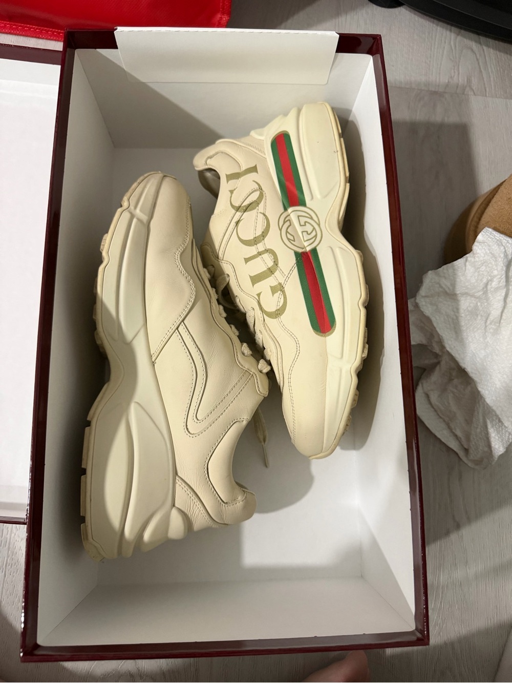 Gucci Cream Leather Chunky Sneakers with Red & Green Stripe - Picture 7 of 9